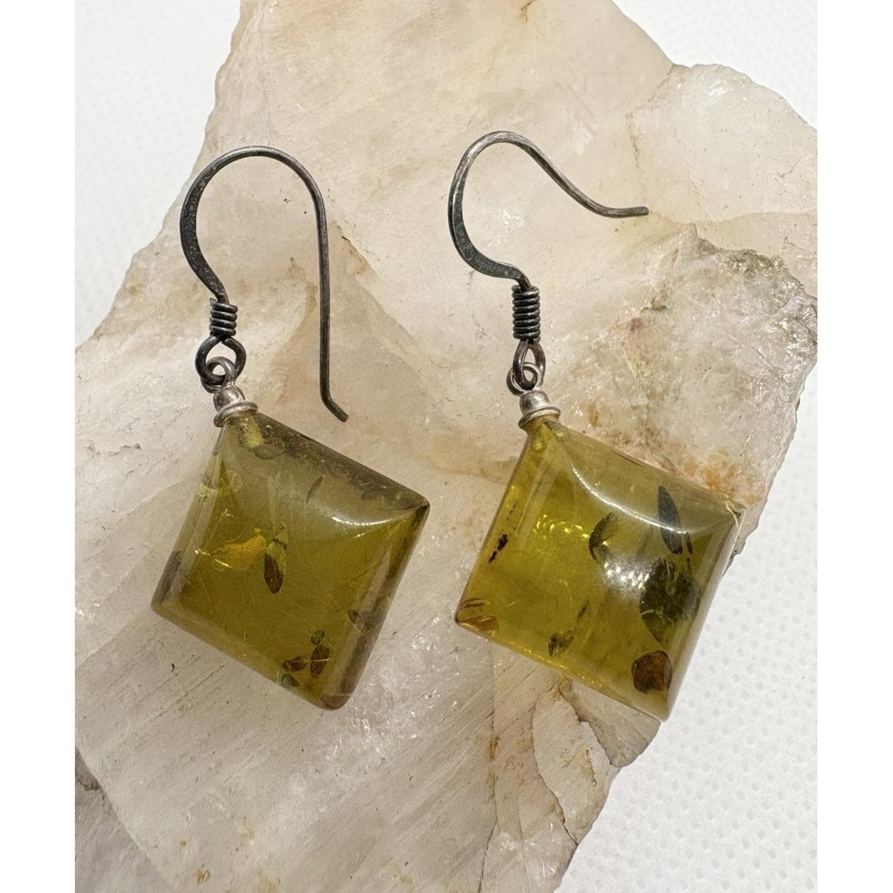 Vintage Genuine Amber Square Drop Earrings 925 Sterling Silver Hooks Baltic